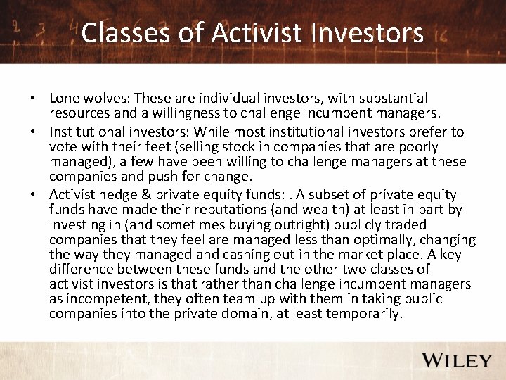 Classes of Activist Investors • Lone wolves: These are individual investors, with substantial resources