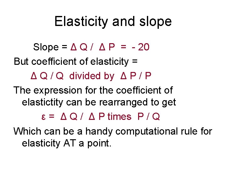 Elasticity and slope Slope = Δ Q / Δ P = - 20 But