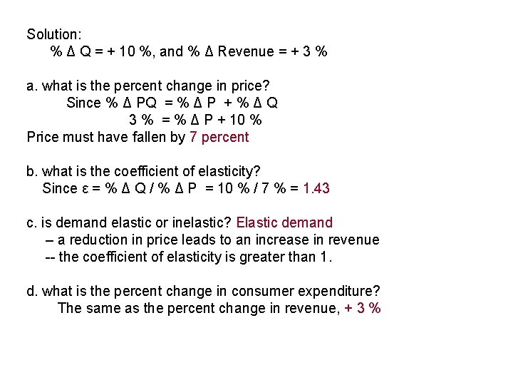 Solution: % Δ Q = + 10 %, and % Δ Revenue = +