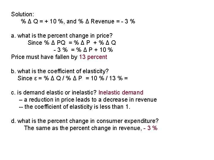 Solution: % Δ Q = + 10 %, and % Δ Revenue = -