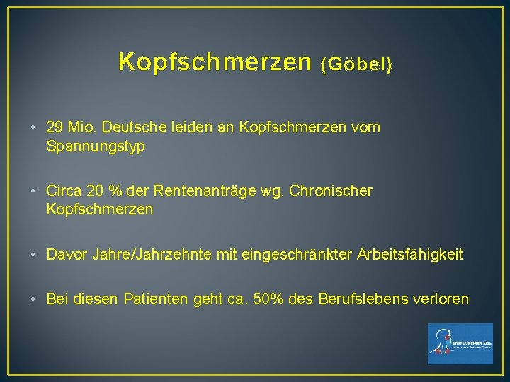 Kopfschmerzen (Göbel) • 29 Mio. Deutsche leiden an Kopfschmerzen vom Spannungstyp • Circa 20 Kopfschmerzen (Göbel) • 29 Mio. Deutsche leiden an Kopfschmerzen vom Spannungstyp • Circa 20