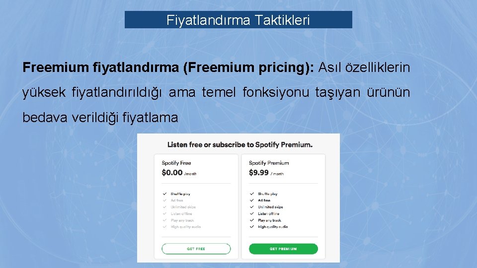 Fiyatlandırma Taktikleri Freemium fiyatlandırma (Freemium pricing): Asıl özelliklerin yüksek fiyatlandırıldığı ama temel fonksiyonu taşıyan