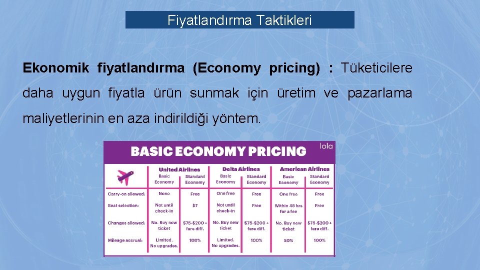 Fiyatlandırma Taktikleri Ekonomik fiyatlandırma (Economy pricing) : Tüketicilere daha uygun fiyatla ürün sunmak için