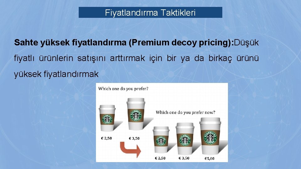 Fiyatlandırma Taktikleri Sahte yüksek fiyatlandırma (Premium decoy pricing): Düşük fiyatlı ürünlerin satışını arttırmak için