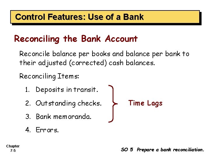 Control Features: Use of a Bank Reconciling the Bank Account Reconcile balance per books