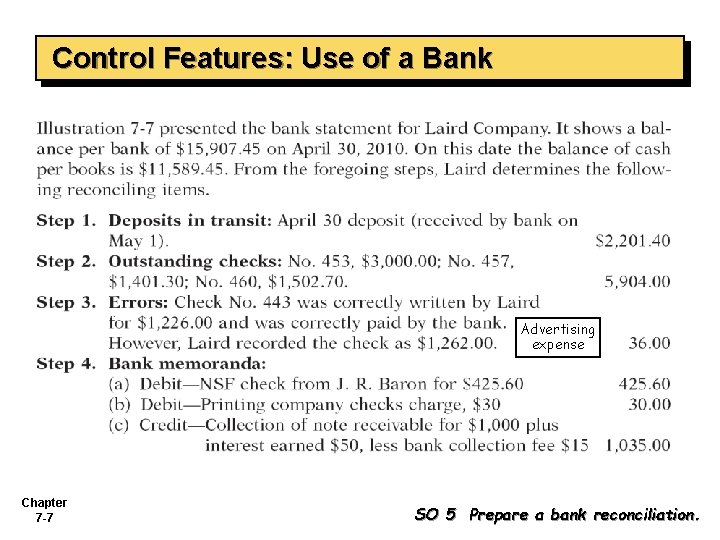 Control Features: Use of a Bank Advertising expense Chapter 7 -7 SO 5 Prepare