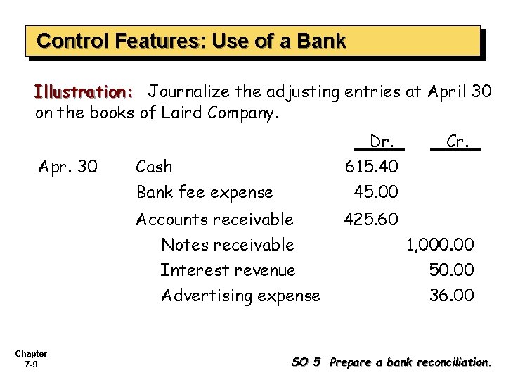 Control Features: Use of a Bank Illustration: Journalize the adjusting entries at April 30