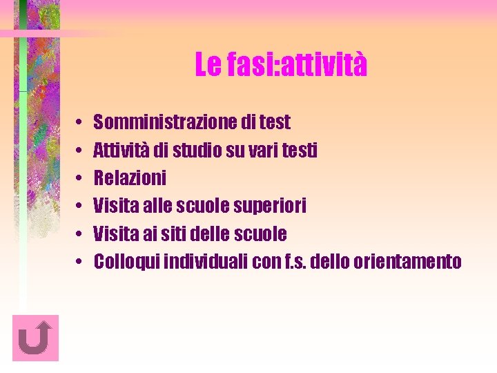 Le fasi: attività • • • Somministrazione di test Attività di studio su vari