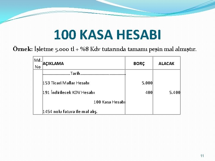 100 KASA HESABI Örnek: İşletme 5. 000 tl + %8 Kdv tutarında tamamı peşin