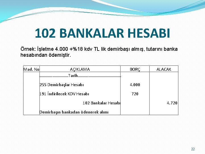 102 BANKALAR HESABI Örnek: İşletme 4. 000 +%18 kdv TL lik demirbaşı almış, tutarını