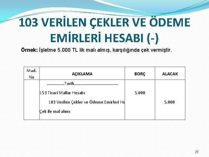 103 VERİLEN ÇEKLER VE ÖDEME EMİRLERİ HESABI (-) Örnek: İşletme 5. 000 TL lik