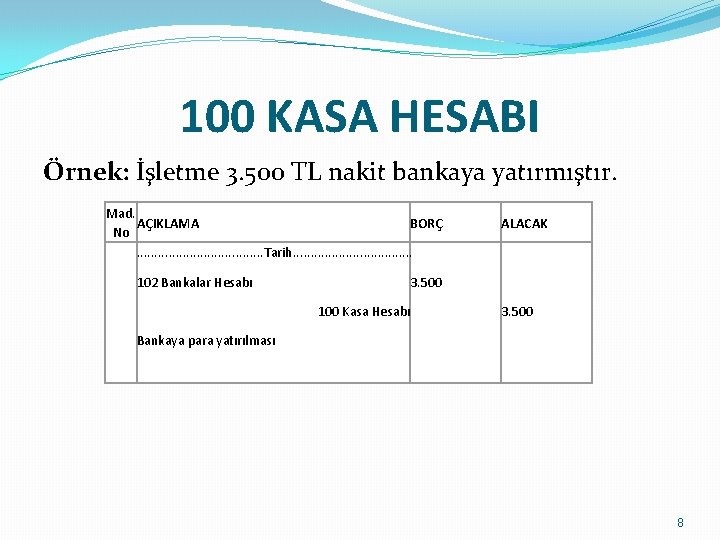 100 KASA HESABI Örnek: İşletme 3. 500 TL nakit bankaya yatırmıştır. Mad. AÇIKLAMA BORÇ