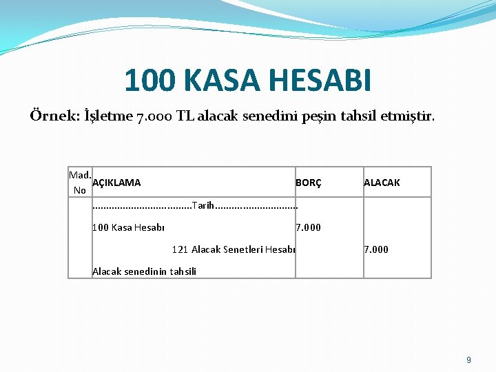100 KASA HESABI Örnek: İşletme 7. 000 TL alacak senedini peşin tahsil etmiştir. Mad.