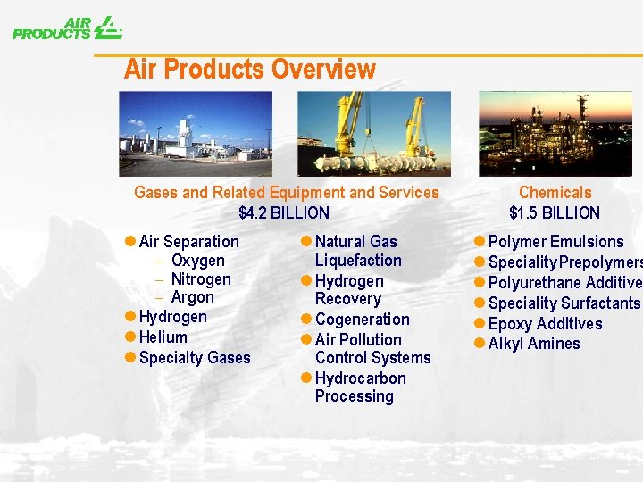 A Air Products Overview Gases and Related Equipment and Services $4. 2 BILLION l