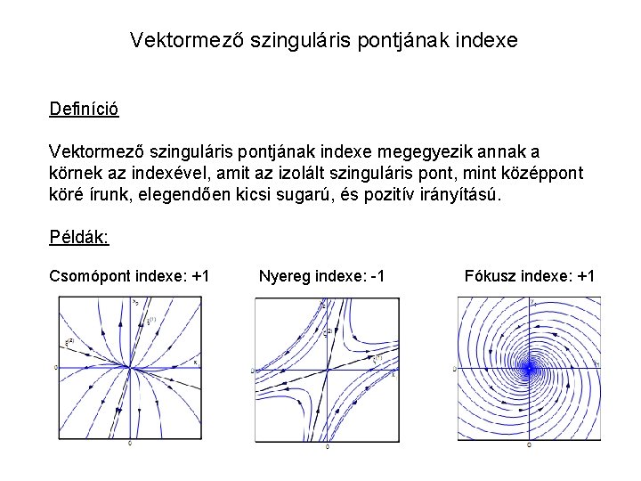 Vektormező szinguláris pontjának indexe Definíció Vektormező szinguláris pontjának indexe megegyezik annak a körnek az
