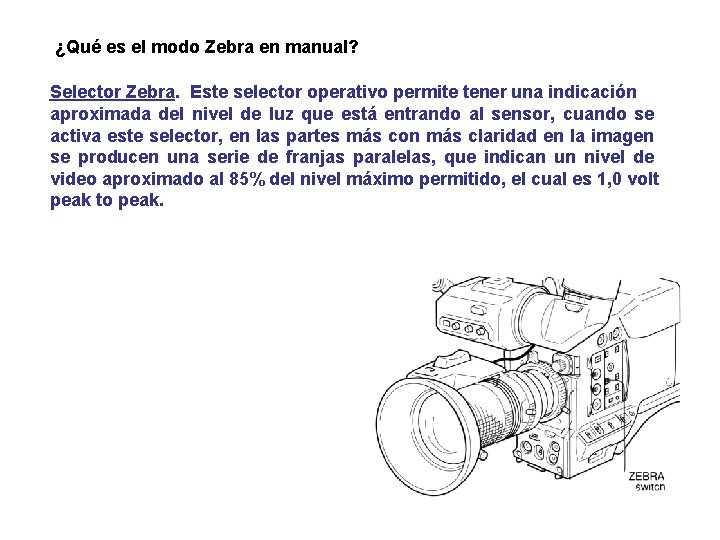 ¿Qué es el modo Zebra en manual? Selector Zebra. Este selector operativo permite tener