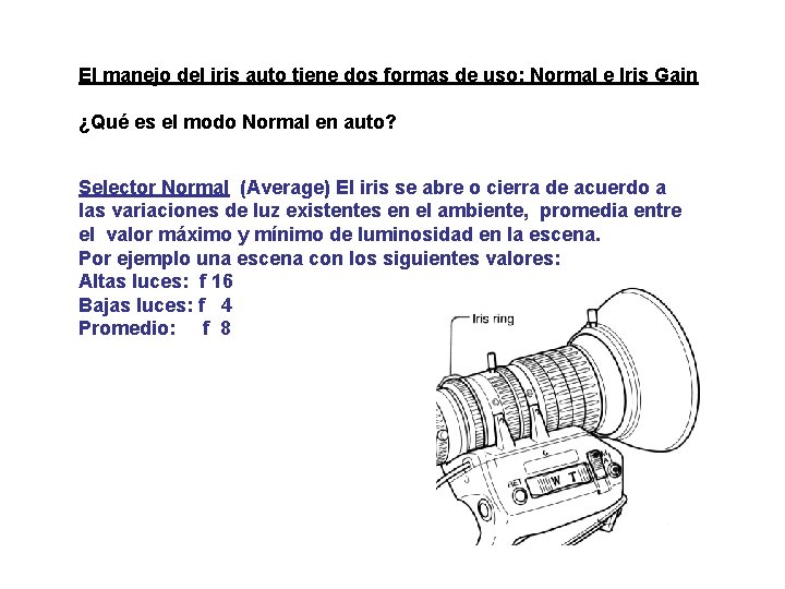 El manejo del iris auto tiene dos formas de uso: Normal e Iris Gain