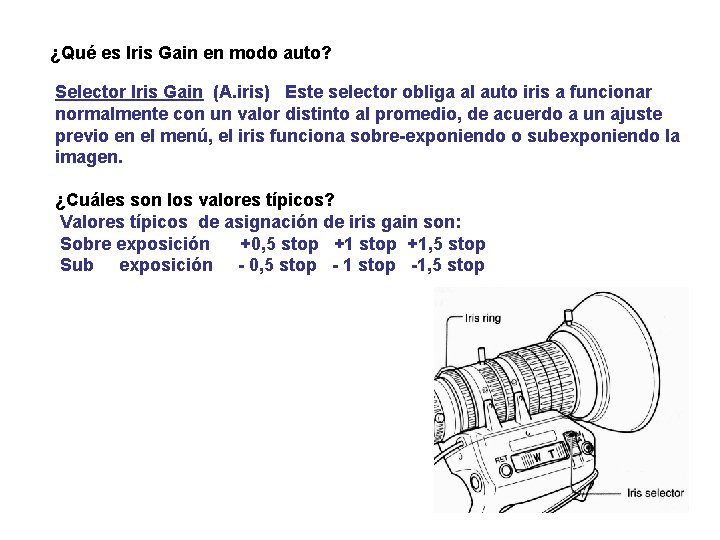 ¿Qué es Iris Gain en modo auto? Selector Iris Gain (A. iris) Este selector
