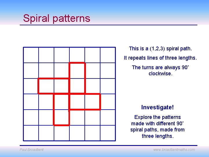 Spiral patterns This is a (1, 2, 3) spiral path. It repeats lines of