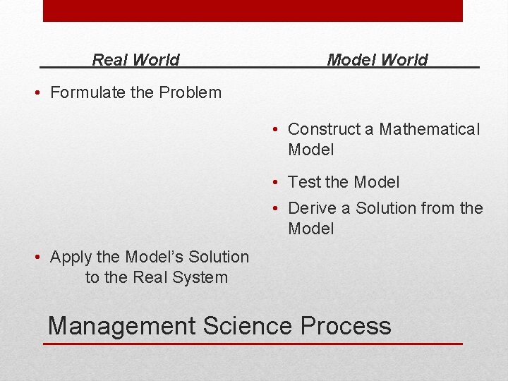 Real World Model World • Formulate the Problem • Construct a Mathematical Model •