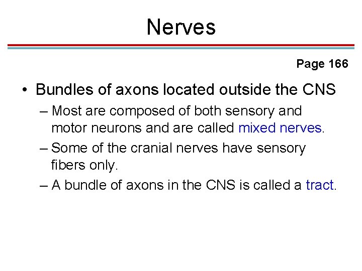 Nerves Page 166 • Bundles of axons located outside the CNS – Most are Nerves Page 166 • Bundles of axons located outside the CNS – Most are