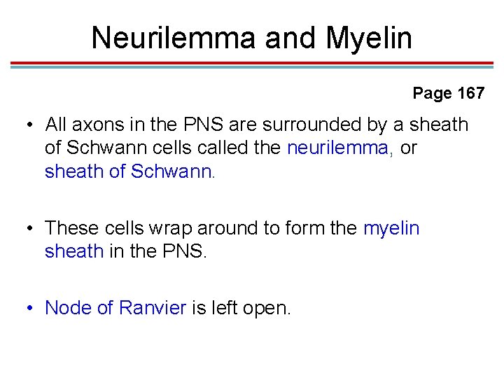 Neurilemma and Myelin Page 167 • All axons in the PNS are surrounded by Neurilemma and Myelin Page 167 • All axons in the PNS are surrounded by
