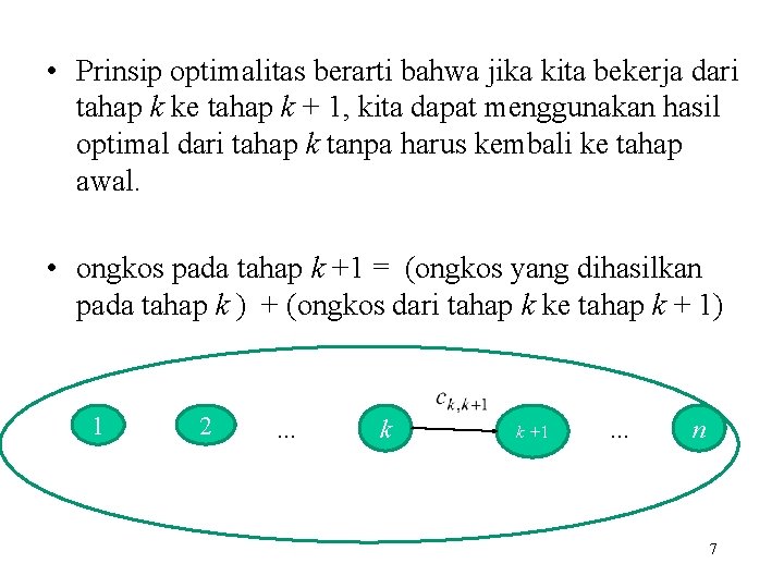  • Prinsip optimalitas berarti bahwa jika kita bekerja dari tahap k ke tahap