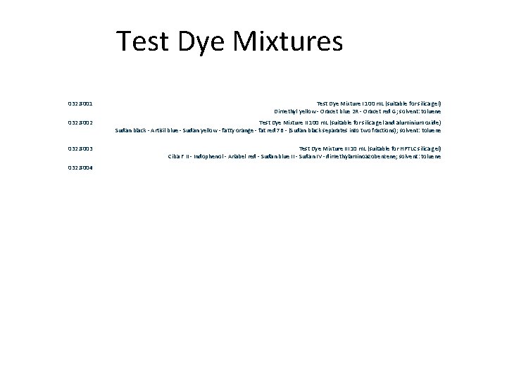 Test Dye Mixtures 032. 8001 Test Dye Mixture I 100 m. L (suitable for