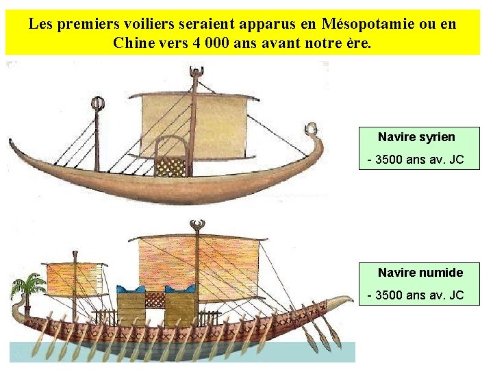 Les premiers voiliers seraient apparus en Mésopotamie ou en Chine vers 4 000 ans