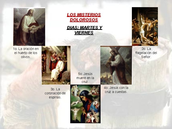 LOS MISTERIOS DOLOROSOS DIAS: MARTES Y VIERNES 1 o. La oración en el huerto