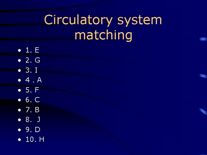 Circulatory system matching • • • 1. E 2. G 3. I 4. A
