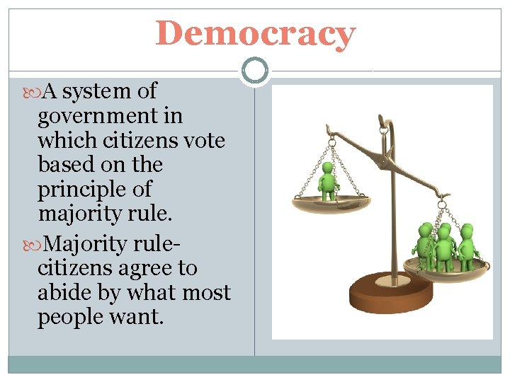 Democracy A system of government in which citizens vote based on the principle of