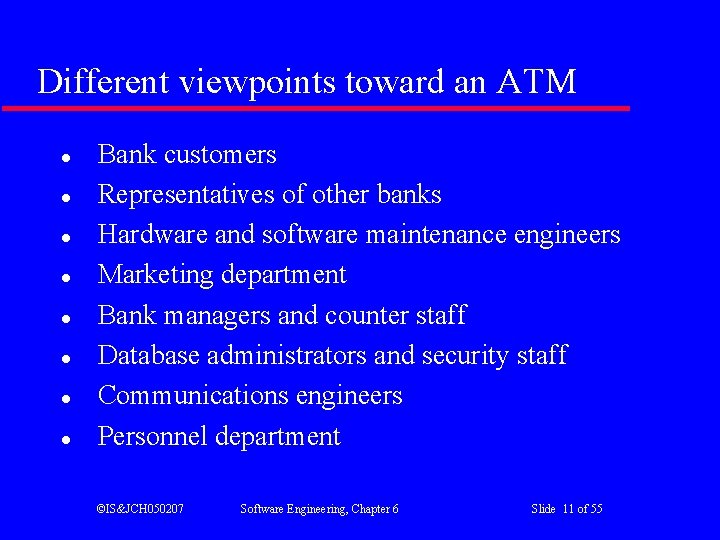 Different viewpoints toward an ATM l l l l Bank customers Representatives of other