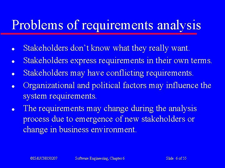 Problems of requirements analysis l l l Stakeholders don’t know what they really want.