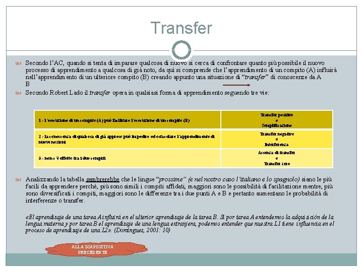 Transfer Secondo l’AC, quando si tenta di imparare qualcosa di nuovo si cerca di