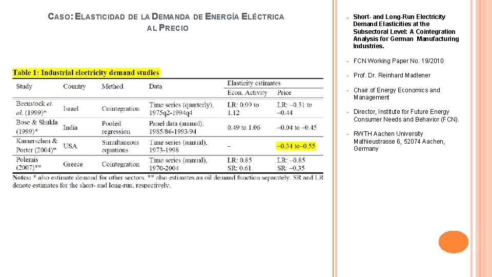 CASO: ELASTICIDAD DE LA DEMANDA DE ENERGÍA ELÉCTRICA AL PRECIO o Short- and Long-Run