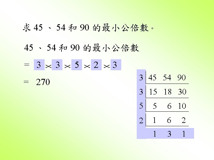 求 45 、 54 和 90 的最小公倍數。 45 、 54 和 90 的最小公倍數 =