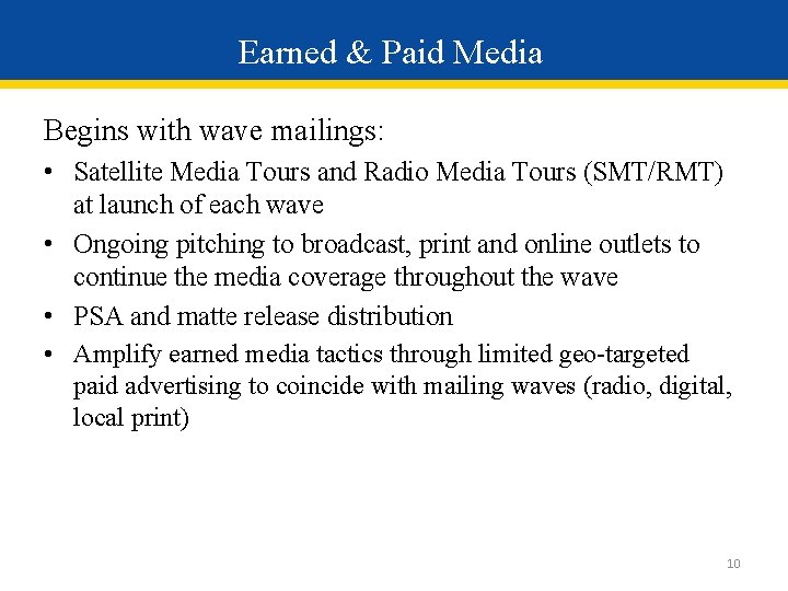 Earned & Paid Media Begins with wave mailings: • Satellite Media Tours and Radio Earned & Paid Media Begins with wave mailings: • Satellite Media Tours and Radio