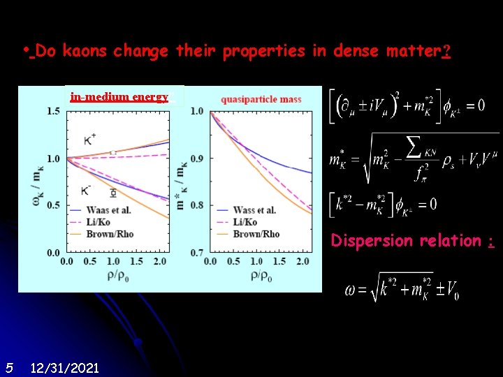  • Do kaons change their properties in dense matter? in-medium energy” Dispersion relation