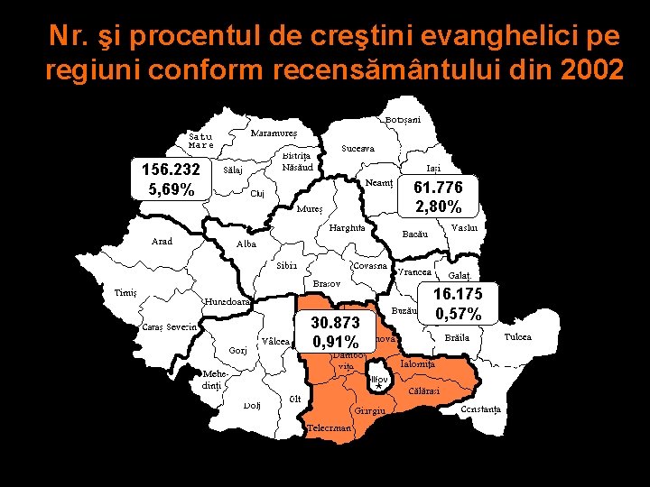 Nr. şi procentul de creştini evanghelici pe regiuni conform recensământului din 2002 156. 232