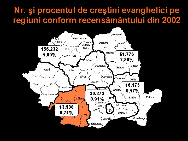 Nr. şi procentul de creştini evanghelici pe regiuni conform recensământului din 2002 156. 232