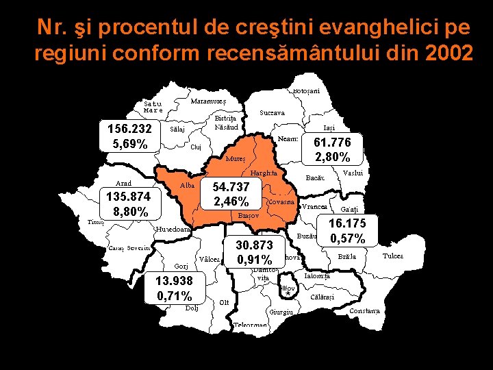 Nr. şi procentul de creştini evanghelici pe regiuni conform recensământului din 2002 156. 232