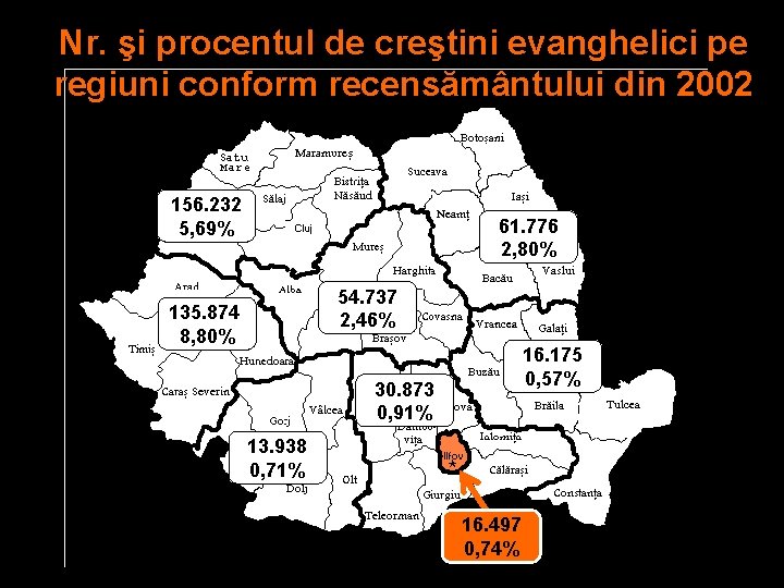 Nr. şi procentul de creştini evanghelici pe regiuni conform recensământului din 2002 156. 232
