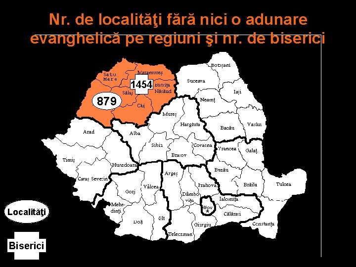 Nr. de localităţi fără nici o adunare evanghelică pe regiuni şi nr. de biserici