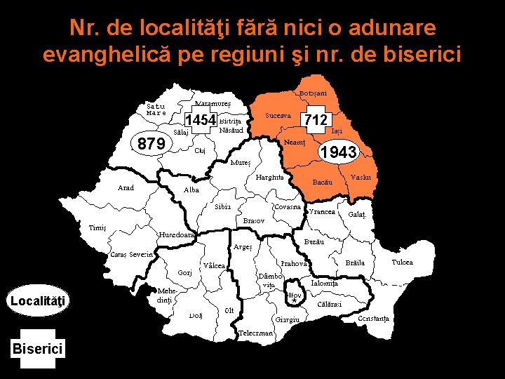 Nr. de localităţi fără nici o adunare evanghelică pe regiuni şi nr. de biserici
