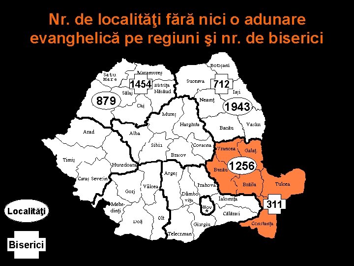 Nr. de localităţi fără nici o adunare evanghelică pe regiuni şi nr. de biserici