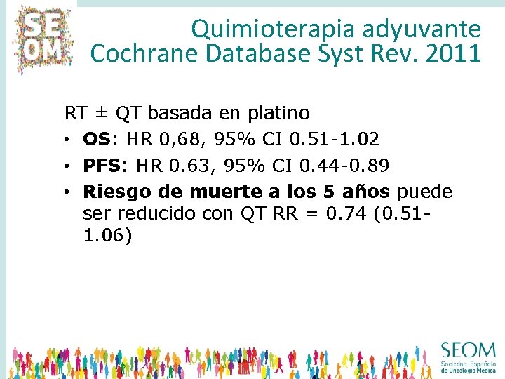 Quimioterapia adyuvante Cochrane Database Syst Rev. 2011 RT ± QT basada en platino •