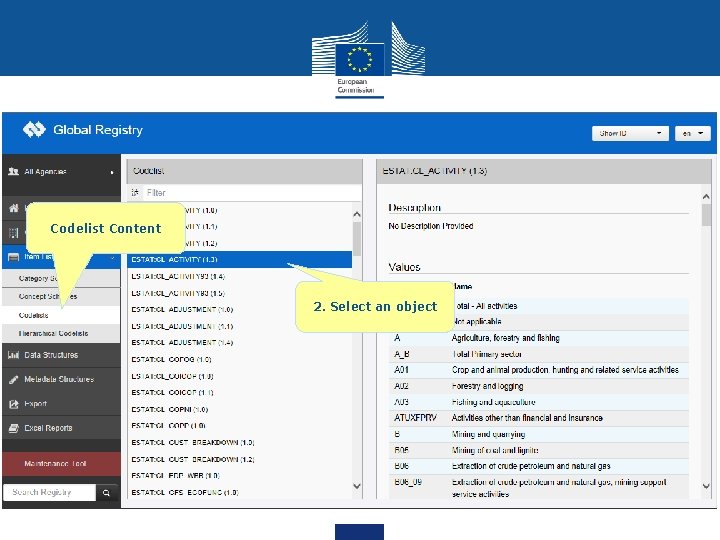 Codelist Content 2. Select an object 