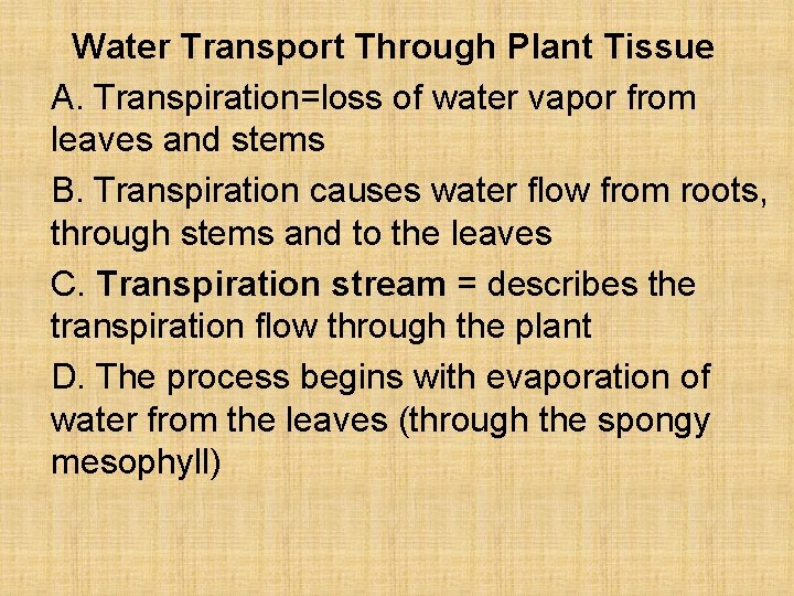 Water Transport Through Plant Tissue A. Transpiration=loss of water vapor from leaves and stems