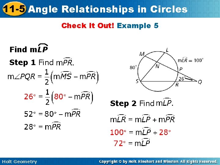 11 -5 Angle Relationships in Circles Check It Out! Example 5 Find m. LP